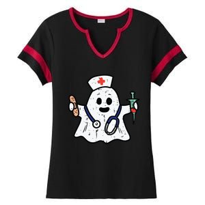 Nurse Ghost Scrub Top Halloween Costume For Nurses Women Rn Ladies Halftime Notch Neck Tee