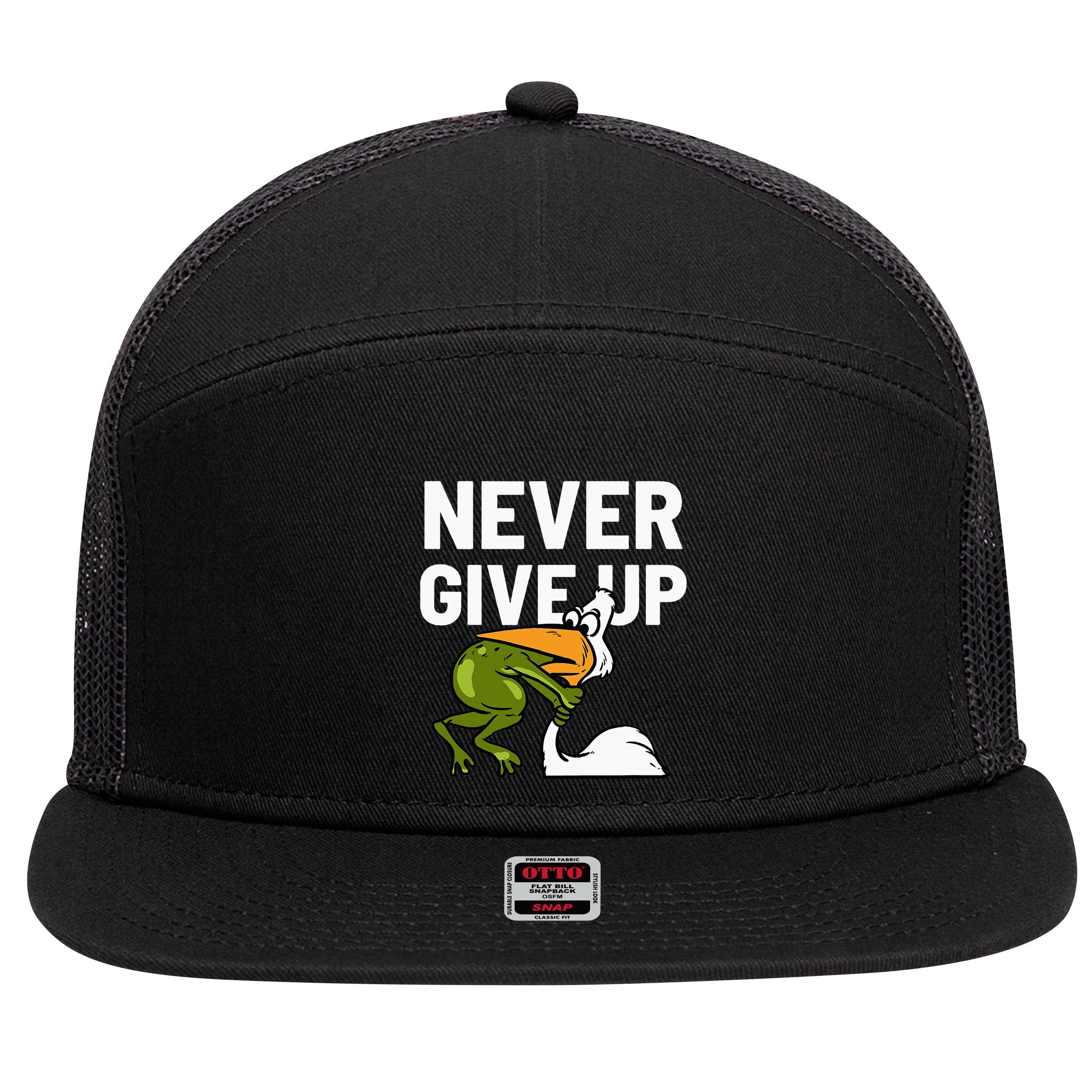 Never Give Up Frog Bird Choking Funny Motivation 7 Panel Mesh Trucker Snapback Hat