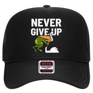 Never Give Up Frog Bird Choking Funny Motivation High Crown Mesh Back Trucker Hat