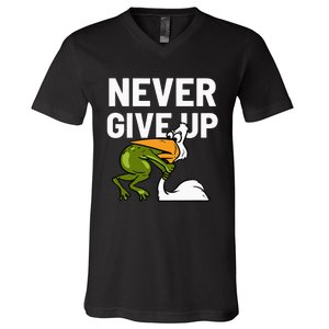 Never Give Up Frog Bird Choking Funny Motivation V-Neck T-Shirt