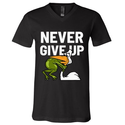 Never Give Up Frog Bird Choking Funny Motivation V-Neck T-Shirt
