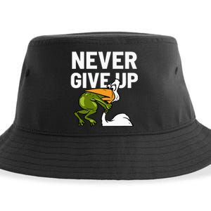 Never Give Up Frog Bird Choking Funny Motivation Sustainable Bucket Hat