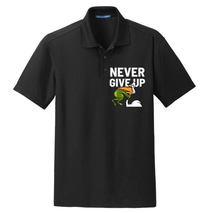 Never Give Up Frog Bird Choking Funny Motivation Dry Zone Grid Polo