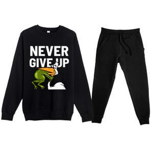 Never Give Up Frog Bird Choking Funny Motivation Premium Crewneck Sweatsuit Set