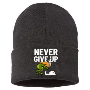 Never Give Up Frog Bird Choking Funny Motivation Sustainable Knit Beanie