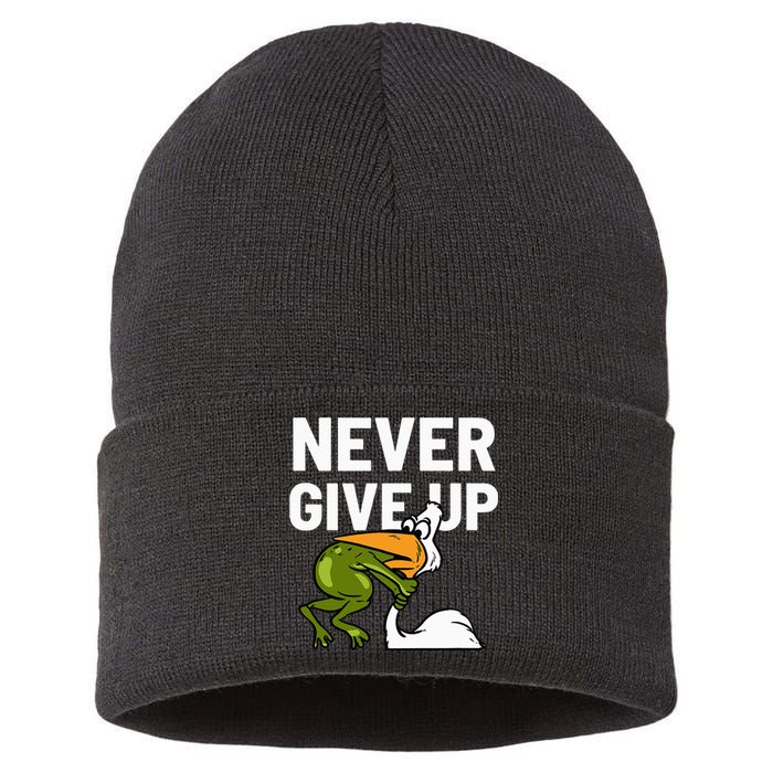 Never Give Up Frog Bird Choking Funny Motivation Sustainable Knit Beanie