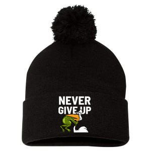 Never Give Up Frog Bird Choking Funny Motivation Pom Pom 12in Knit Beanie