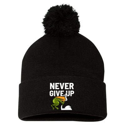Never Give Up Frog Bird Choking Funny Motivation Pom Pom 12in Knit Beanie