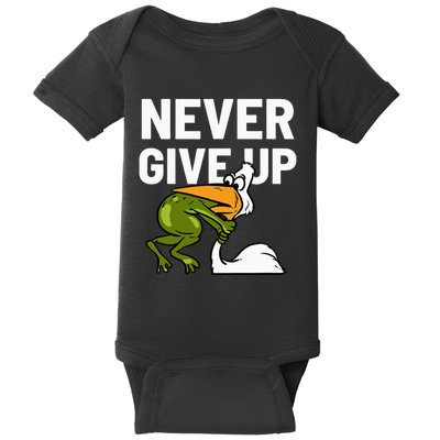 Never Give Up Frog Bird Choking Funny Motivation Baby Bodysuit