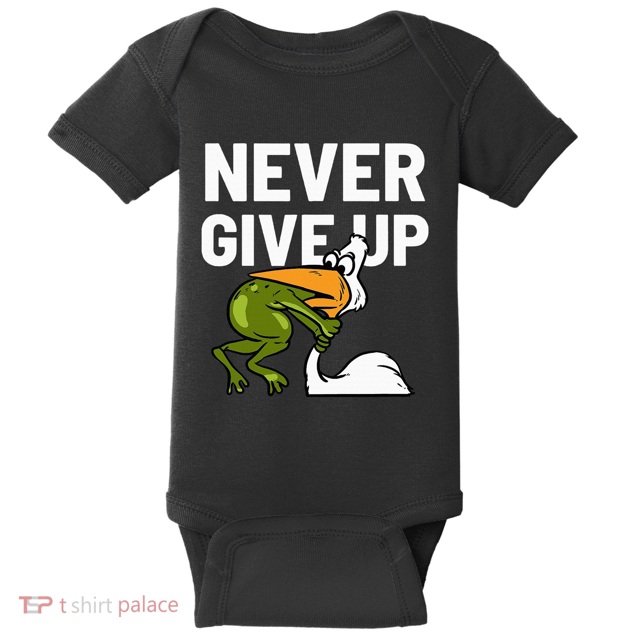 Never Give Up Frog Bird Choking Funny Motivation Baby Bodysuit