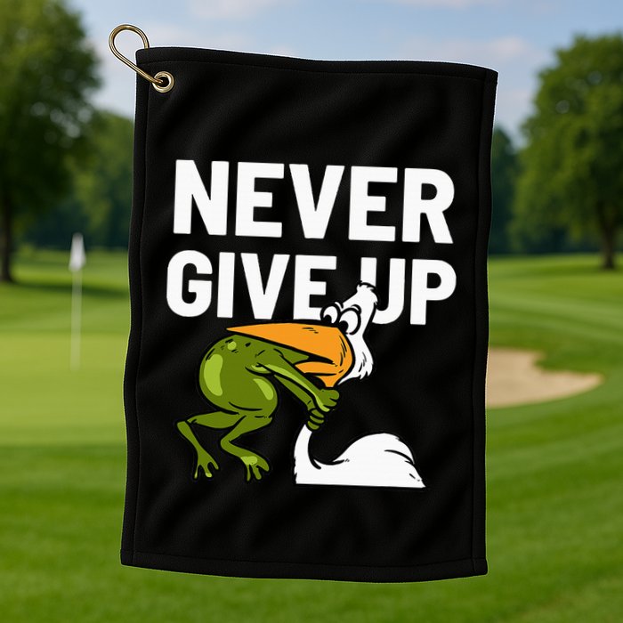 Never Give Up Frog Bird Choking Funny Motivation Golf Towel