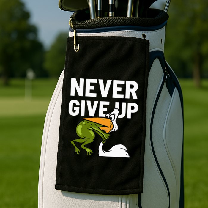 Never Give Up Frog Bird Choking Funny Motivation Golf Towel