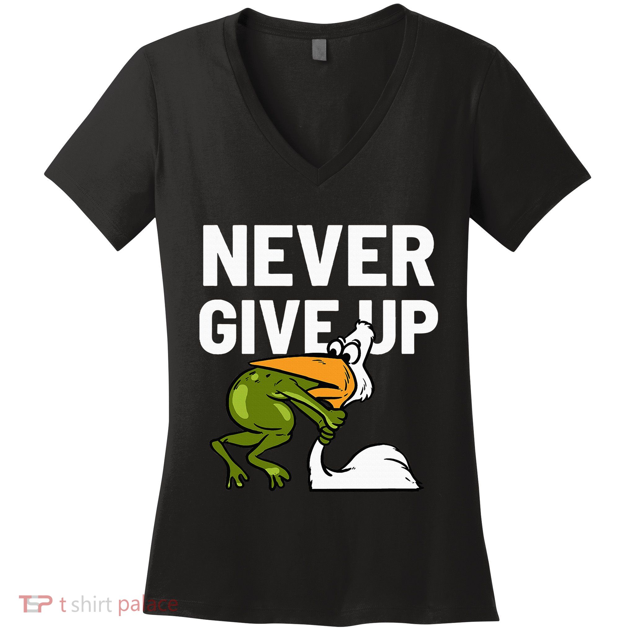 Never Give Up Frog Bird Choking Funny Motivation Women's V-Neck T-Shirt
