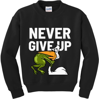 Never Give Up Frog Bird Choking Funny Motivation Kids Sweatshirt
