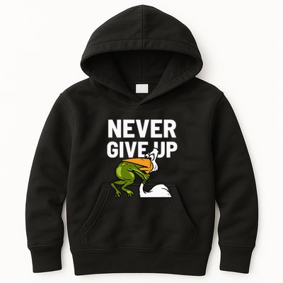 Never Give Up Frog Bird Choking Funny Motivation Kids Hoodie