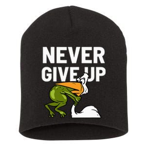 Never Give Up Frog Bird Choking Funny Motivation Short Acrylic Beanie