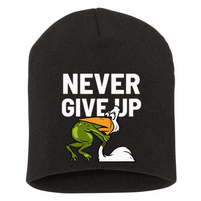 Never Give Up Frog Bird Choking Funny Motivation Short Acrylic Beanie