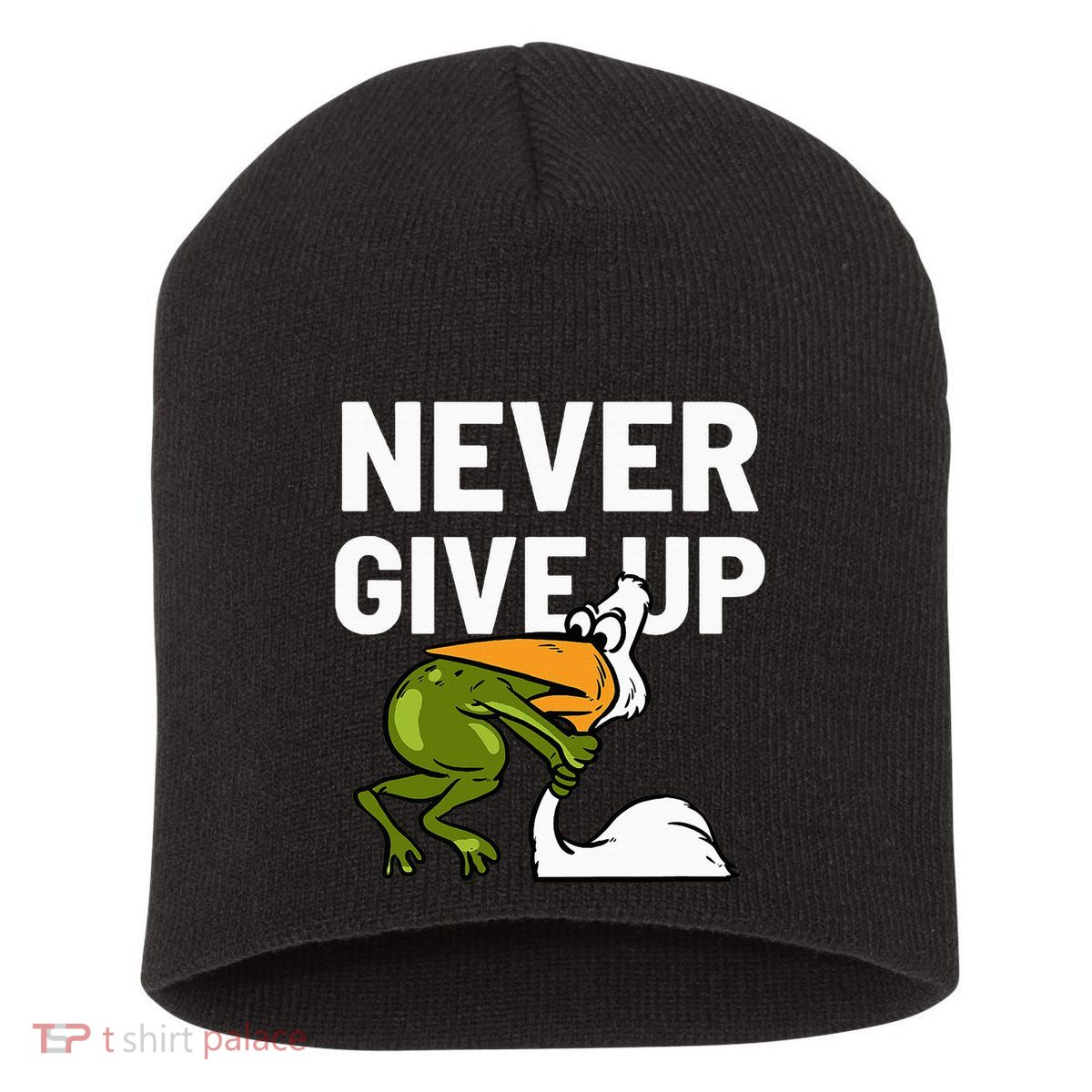 Never Give Up Frog Bird Choking Funny Motivation Short Acrylic Beanie