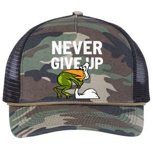 Never Give Up Frog Bird Choking Funny Motivation Retro Rope Trucker Hat Cap