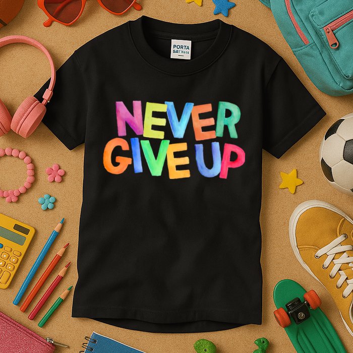 Never Give Up Motivational Colorful Quote Kids T-Shirt