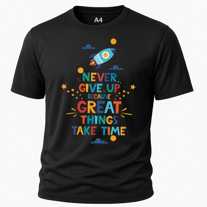 Never Give Up Because Great Things Take Time Rocketship Performance Shirt