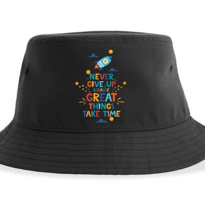 Never Give Up Because Great Things Take Time Rocketship Sustainable Bucket Hat