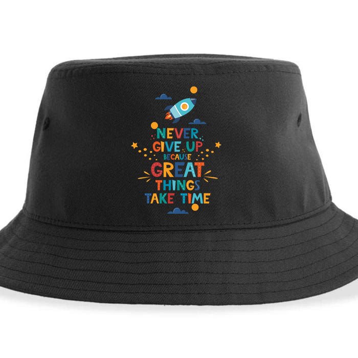 Never Give Up Because Great Things Take Time Rocketship Sustainable Bucket Hat