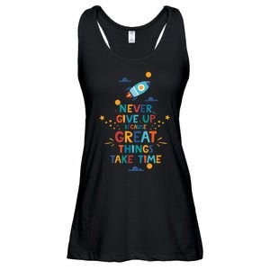 Never Give Up Because Great Things Take Time Rocketship Ladies Essential Flowy Tank