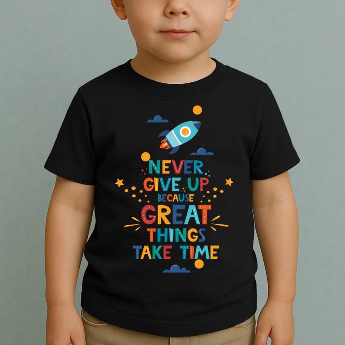 Never Give Up Because Great Things Take Time Rocketship Toddler T-Shirt