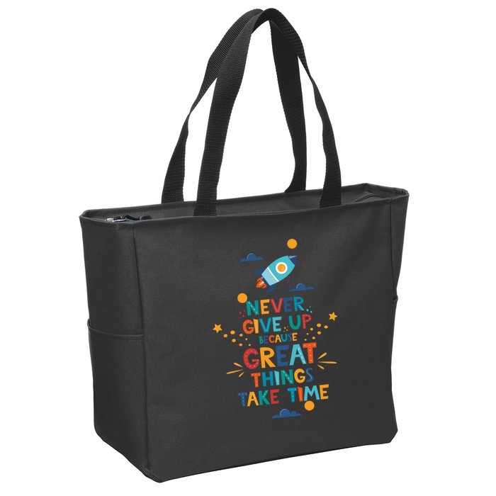 Never Give Up Because Great Things Take Time Rocketship Zip Tote Bag