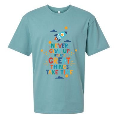 Never Give Up Because Great Things Take Time Rocketship Sueded Cloud Jersey T-Shirt