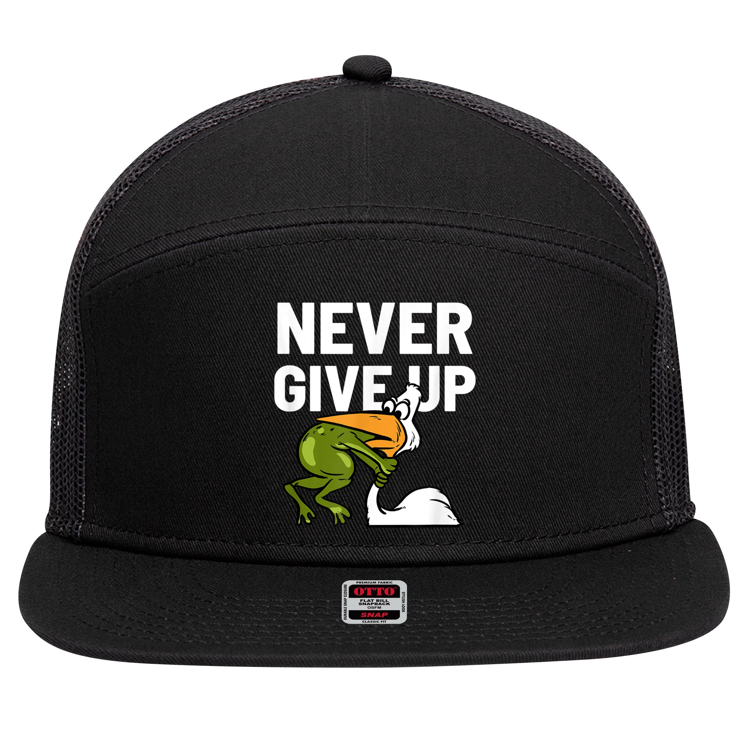 Never Give Up Frog Bird Choking Funny Motivation 7 Panel Mesh Trucker Snapback Hat