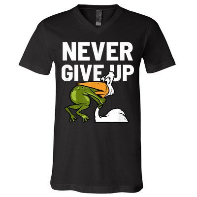 Never Give Up Frog Bird Choking Funny Motivation V-Neck T-Shirt