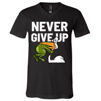 Never Give Up Frog Bird Choking Funny Motivation V-Neck T-Shirt