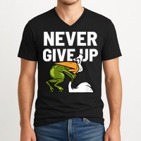 Never Give Up Frog Bird Choking Funny Motivation V-Neck T-Shirt