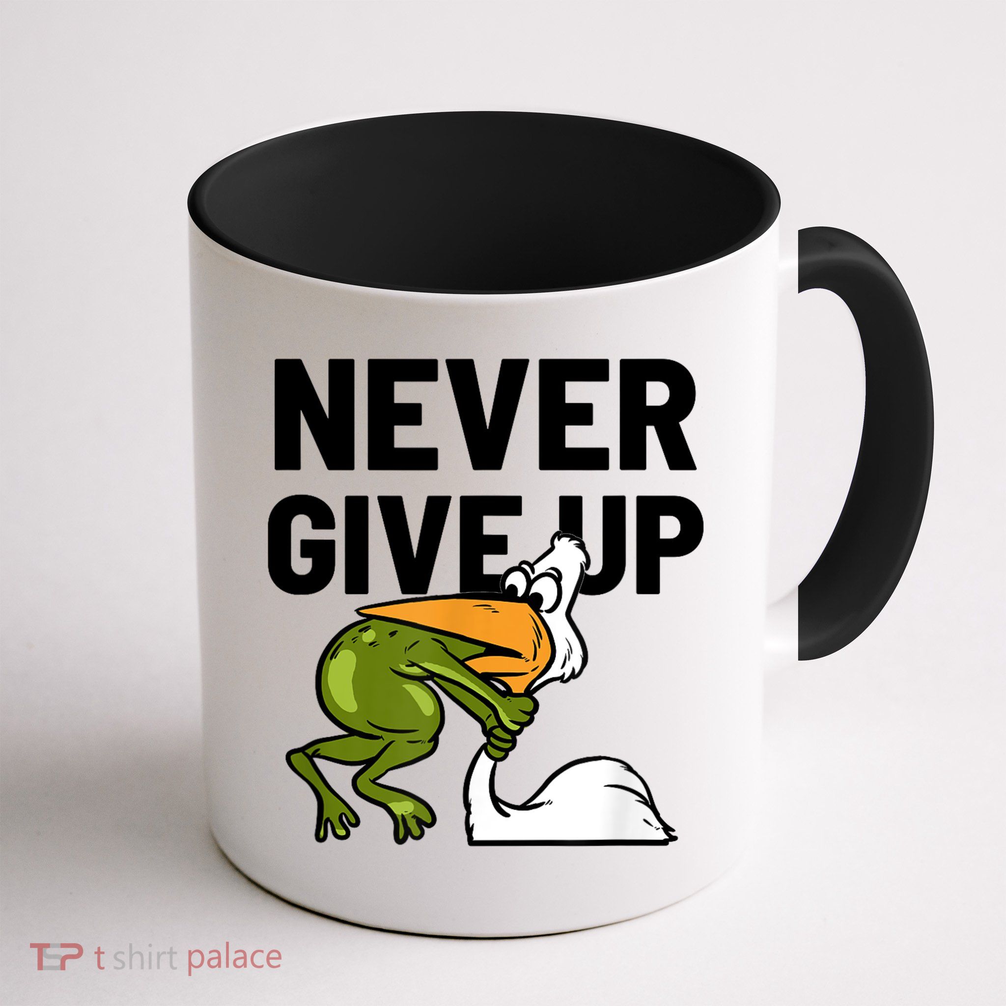 Never Give Up Frog Bird Choking Funny Motivation Mug