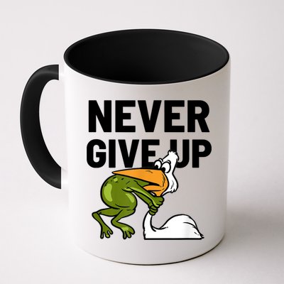 Never Give Up Frog Bird Choking Funny Motivation Mug