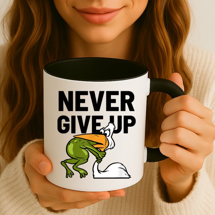 Never Give Up Frog Bird Choking Funny Motivation Mug