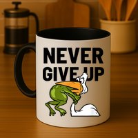 Never Give Up Frog Bird Choking Funny Motivation Mug