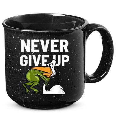 Never Give Up Frog Bird Choking Funny Motivation 15oz Campfire Ceramic Mug