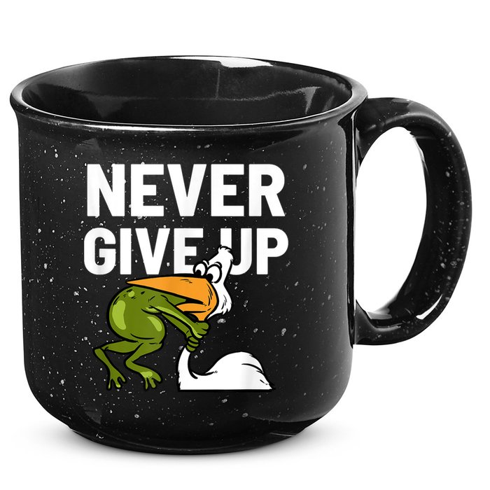 Never Give Up Frog Bird Choking Funny Motivation 15oz Campfire Ceramic Mug