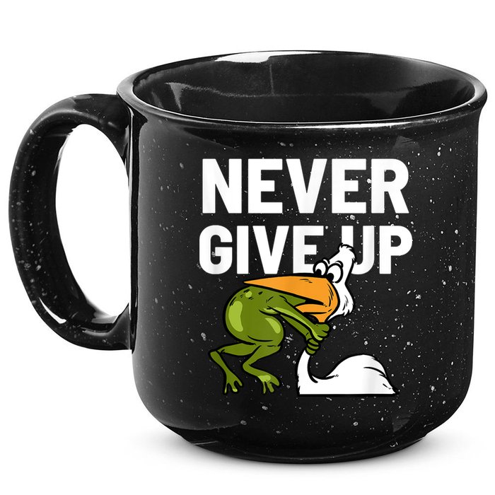 Never Give Up Frog Bird Choking Funny Motivation 15oz Campfire Ceramic Mug