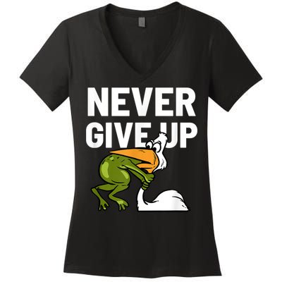 Never Give Up Frog Bird Choking Funny Motivation Women's V-Neck T-Shirt