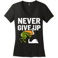 Never Give Up Frog Bird Choking Funny Motivation Women's V-Neck T-Shirt