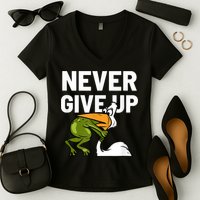 Never Give Up Frog Bird Choking Funny Motivation Women's V-Neck T-Shirt