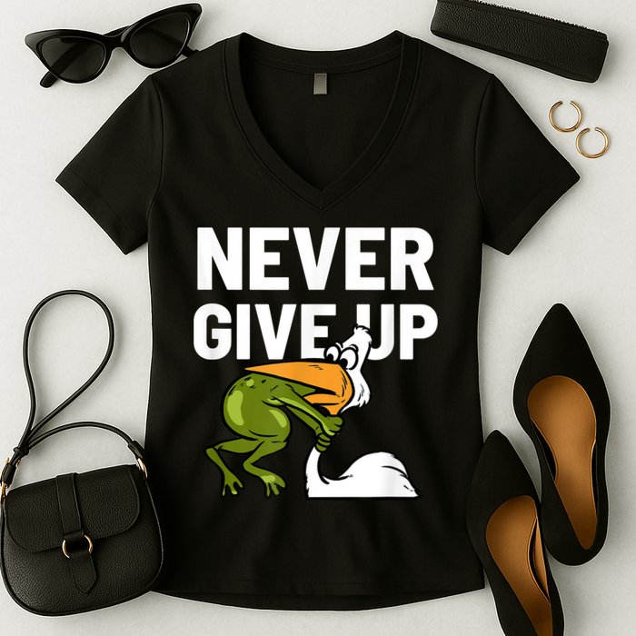 Never Give Up Frog Bird Choking Funny Motivation Women's V-Neck T-Shirt