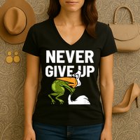 Never Give Up Frog Bird Choking Funny Motivation Women's V-Neck T-Shirt