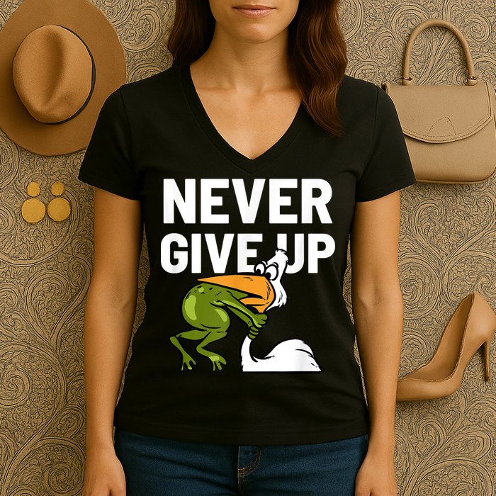 Never Give Up Frog Bird Choking Funny Motivation Women's V-Neck T-Shirt