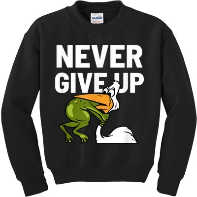 Never Give Up Frog Bird Choking Funny Motivation Kids Sweatshirt