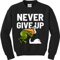 Never Give Up Frog Bird Choking Funny Motivation Kids Sweatshirt